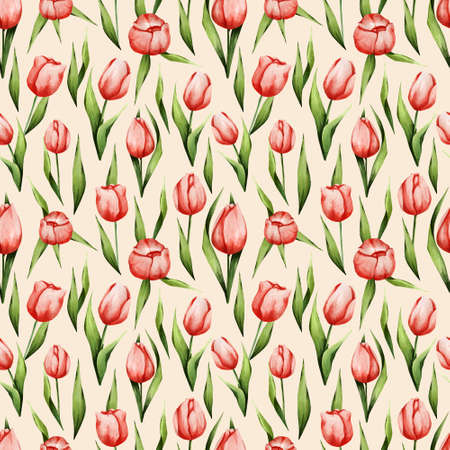 Watercolor pattern with spring flowers. Red tulips on a beige background. Seamless texture for decor, fabric, textile, paper, etcの写真素材