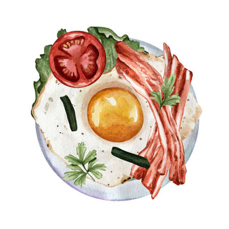 Watercolor illustration of scrambled eggs with bacon and vegetables. Breakfast. Healthly food. Drawing for decoration of menus, stickers, prints, clothes, etcの写真素材