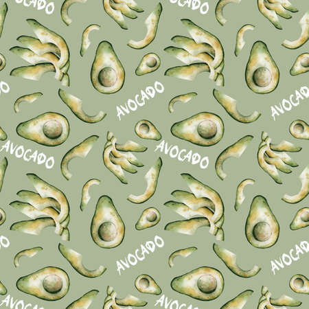 Seamless pattern with watercolor avocado on a green background. A useful product. Beautiful texture with painted avocado for textiles, fabrics, clothing, cards, prints, invitations, etc.の写真素材