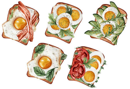 Set of watercolor sandwiches with meat, eggs, fish and vegetables. Healthy food. Vegetarian...