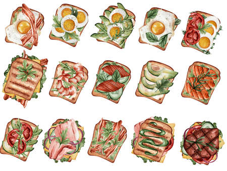 Set of watercolor sandwiches with meat, eggs, fish and vegetables. Healthy food. Vegetarian sandwiches. Fitness food with avacado and cereal bread. Suitable for menus, restaurants, cafes, bars, etcの写真素材