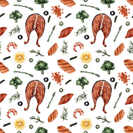 Seamless pattern with seafood in a watercolor style. Healthy and wholesome food. Red fish steak, broccoli, shrimp. Texture for restaurants, menus, bars, cafes.の写真素材