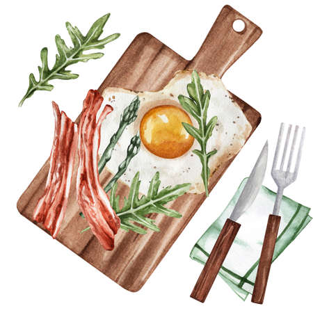 Watercolor illustration of scrambled eggs with bacon and herbs. A healthy breakfast for a healthy diet. Beautiful food. Restaurant dish. Suitable for decorating restaurants, cafes, menus, etcの写真素材