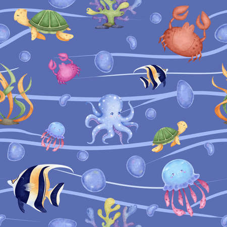 Seamless pattern with marine life on a blue background with waves: octopus, fish, jellyfish, crab, corals, algae.Digital illustration in a watercolor style. Suitable for fabrics, textiles, wallpapers.の写真素材