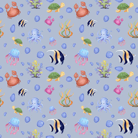 Seamless pattern with marine life: octopus, fish, jellyfish, crab, corals, algae. Digital...