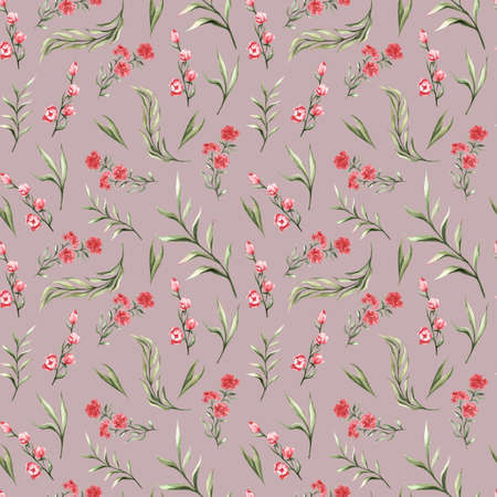Watercolor seamless pattern with pink flowers, leaves, branches on a pink background. Delicate...