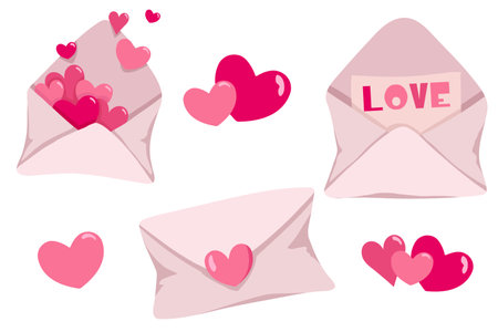 Set of envelopes with pink hearts. Valentines Day Stickers.のイラスト素材