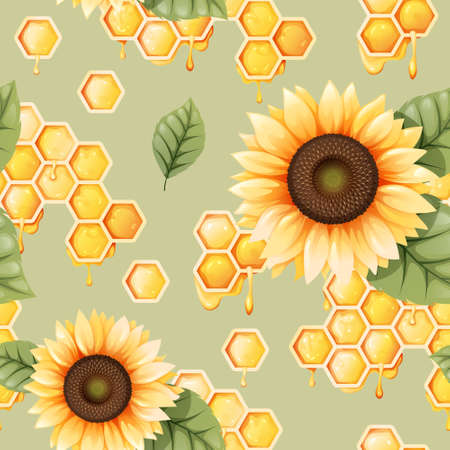 Seamless pattern with honeycombs and sunflowers. Summer texture for wallpaper, fabric, paper.のイラスト素材