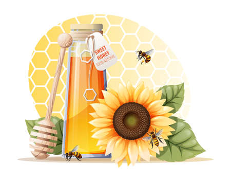 A jar of honey with a bright sunflower, bees and a wooden spoon on a yellow background. Illustration for advertising natural honey. useful product.のイラスト素材