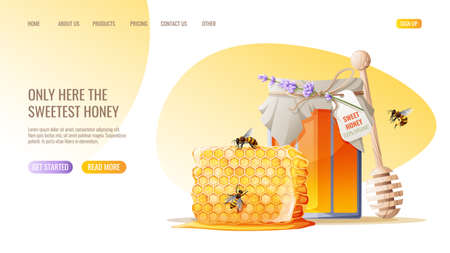 Honey products. Honey jar, honeycomb, bees. Honey shop webpage design template. Vector illustration for banner, advertisement, web page, cover.のイラスト素材