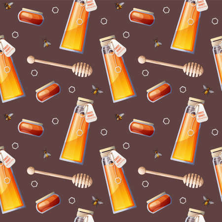 Seamless pattern with jar of sweet honey, wooden spoon and bees. Decor for a honey shop, sweets, restaurants, cafesのイラスト素材