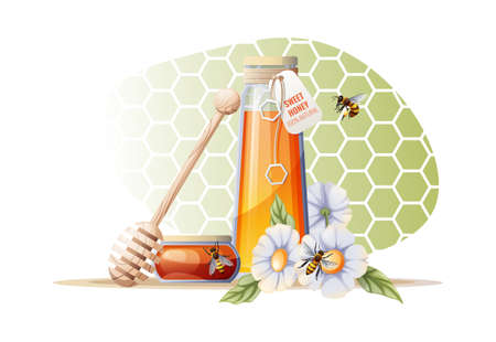 A jar of honey with a wooden spoon, flowers and bees on a green background. Poster, banner for honey...