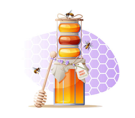 Honey jars, wooden spoon and bees. Sweet and healthy food. natural product. Vector illustration of honey productsのイラスト素材