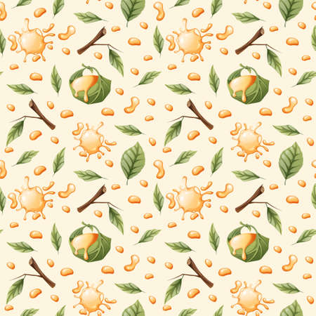 Seamless pattern with honey drops, leaves. Suitable for wallpaper, fabric, textile, paper.のイラスト素材