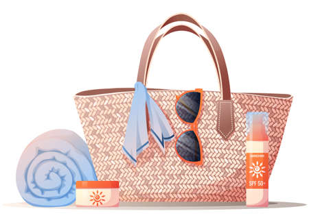 Straw bag, towel, sunscreen, sunglasses. Beach equipment for relaxing on the beach. summertime illustrationのイラスト素材