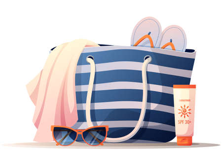 Beach bag, towel, slippers, sunscreen, sunglasses. Beach equipment for relaxing on the beach. summer illustrationのイラスト素材