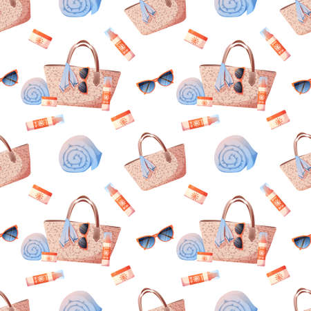 Seamless pattern with straw bag, glasses, towel, sunscreen. Seamless texture, summer, beach...