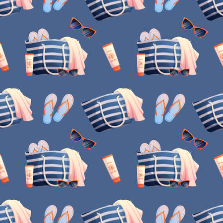 Seamless pattern with beach bag, sunglasses, towel, sunscreen. Seamless texture, summer, beach...