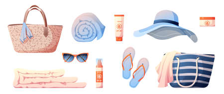 A set of beach things.Beach hat, beach bag coverlet, sunglasses, sunscreen, towel slippers