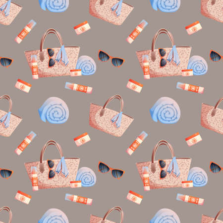 Seamless pattern with straw bag, glasses, towel, sunscreen. Seamless texture, summer, beach ornament.Suitable for textiles paper wallpaperのイラスト素材