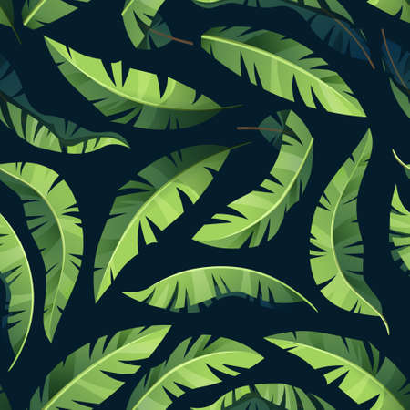 Seamless pattern with palm leaves on a dark background. Tropic, exotic plant. Texture for fabric, wallpaper, paper.のイラスト素材