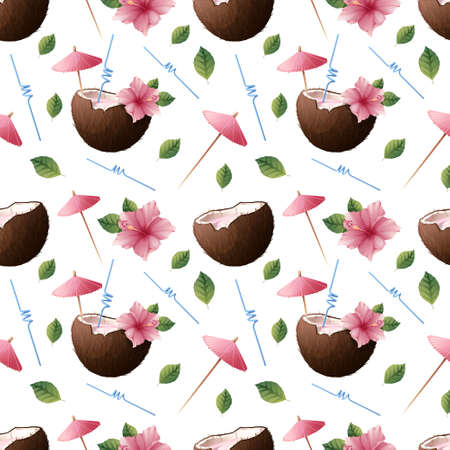 Seamless pattern with pink hibiscus flowers, cocktail in coconut on a light background. Beach tropical texture for clothes, fabric, wallpaper, paper, etc.のイラスト素材