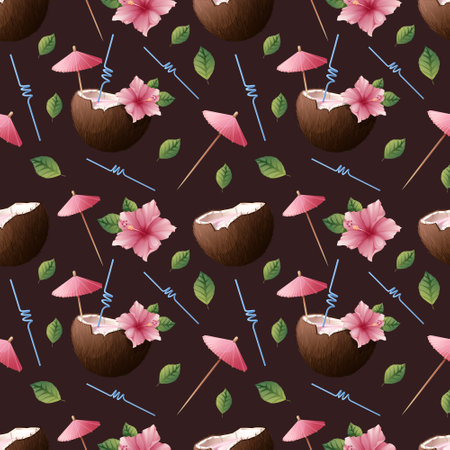 Seamless pattern with pink hibiscus flowers, cocktail in coconut on a dark background. Beach...