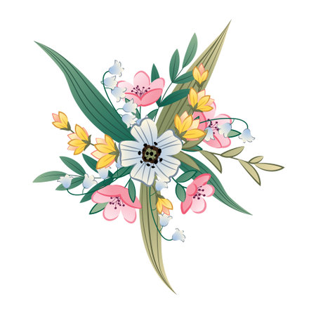 Bouquet of wild flowers on an isolated background. Cartoon illustration of flower arrangement in flat style. Suitable for stickers, posters, postcards, etcのイラスト素材