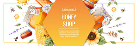 Banner template with honey products. Honey shop.Illustration of a jar of honey, honeycombs, bees, flowers. Design for label, flyer, poster, advertisingのイラスト素材