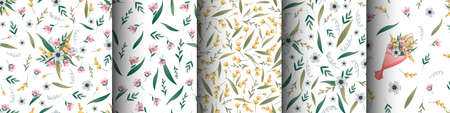 Set of seamless patterns of wild flowers on white background. Texture for paper, textiles, wallpaper, etcのイラスト素材