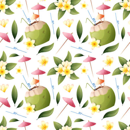 Summer seamless pattern with tropical flowers and coconut cocktail. Frangipani, coconut. Suitable...