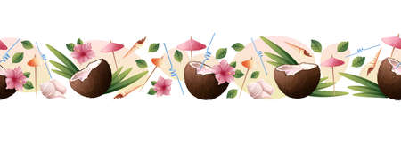 Seamless border with coconut cocktail, hibiscus flowers, umbrellas. Beach illustration, refreshing...