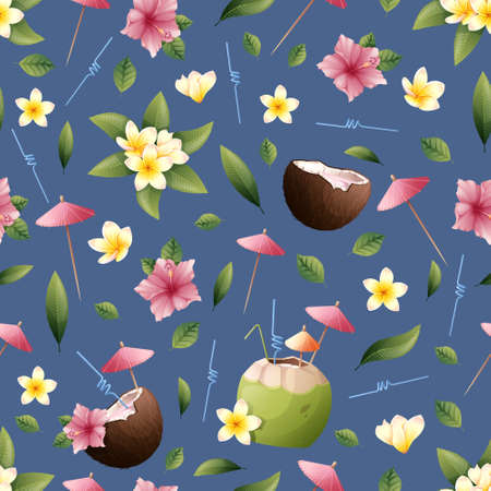 Summer seamless pattern with tropical flowers and coconut cocktail on a blue background. Hibiscus, frangipani, coconut. Suitable for wallpaper, fabric, paper, etc.のイラスト素材
