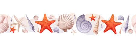 A seamless border with shells and starfish. beach marine illustration. Summer vacation.Suitable for d cor, design of summer illustrations.のイラスト素材