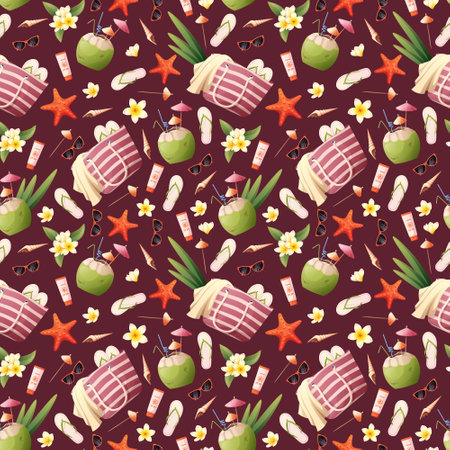 Seamless pattern with beach bag, coconut cocktail, seashells, glasses on a burgundy background....