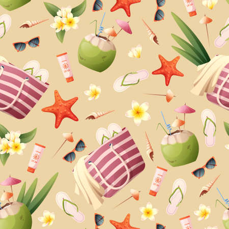 Seamless pattern with beach bag, coconut cocktail, seashells, glasses. beach summer texture for wallpaper, fabric, paper.のイラスト素材