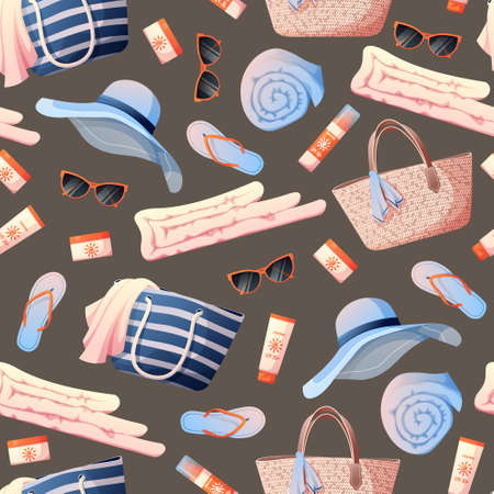 Seamless pattern with beach accessories. Straw bag, glasses, hat, towel. Suitable for fabric...