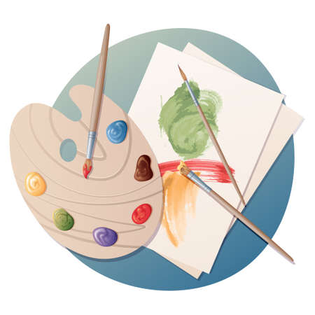 Artistic palette with paints and brushes. Strokes on paper. School, art illustration, fine artのイラスト素材