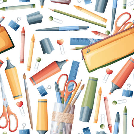 Seamless pattern with pencils, markers, scissors. School seamless background. Suitable for paper, wallpaper, textiles, etc.のイラスト素材