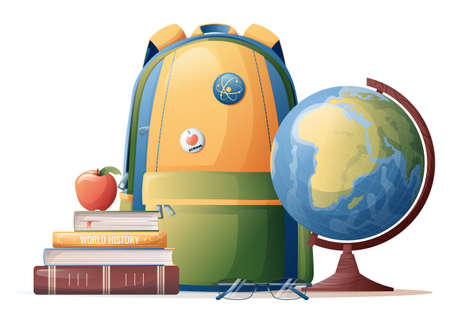 Illustration of a stack of books, a backpack and a globe. School theme, study, education. Back to school, knowledge day. Suitable for stickers, banners, flyers, etc.のイラスト素材