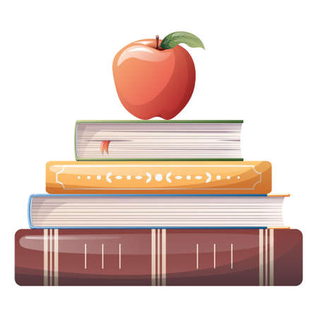 Illustration of a stack of books with an apple. School theme, study, education. Back to school, knowledge day. Suitable for stickers, banners, flyers, etc.のイラスト素材