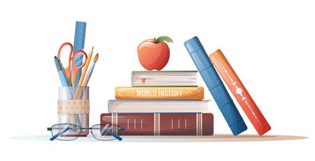 Illustration of a stack of books with stationery. School theme, study, education. Back to school, knowledge day. Suitable for stickers, banners, flyers, etc.のイラスト素材