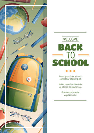 Flyer design with school backpack, globe and textbooks. School time, back to school, education. Flyer, poster, banner size a 4.のイラスト素材