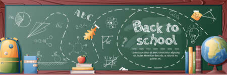 Banner template with school board, globe, briefcase and chalk lettering. Back to school, knowledge day. Banner, poster, brochure, background etcのイラスト素材