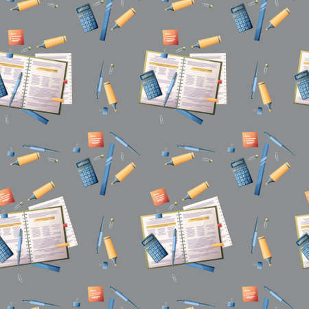 Seamless pattern with textbooks and stationery on a gray background. The texture is great for paper, wallpaper, textiles. school theme, back to school, studyのイラスト素材