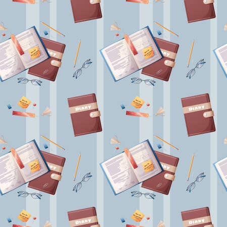 Seamless pattern with textbooks and school supplies on a striped background. The texture is great for paper, wallpaper, textiles. school theme, back to school, studyのイラスト素材