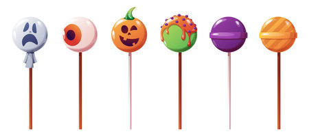 Halloween sweet lollipops, round lollipops. Vector cartoon set of caramel suckers with patterns, candy on a stick with a pattern of pumpkin, ghostのイラスト素材