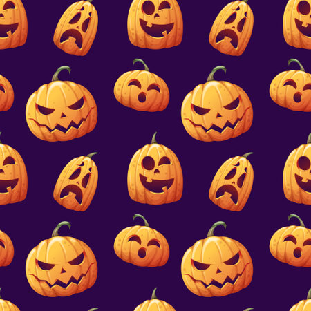 Seamless pattern with pumpkins on a dark background. Cartoon vector background. halloween symbolのイラスト素材