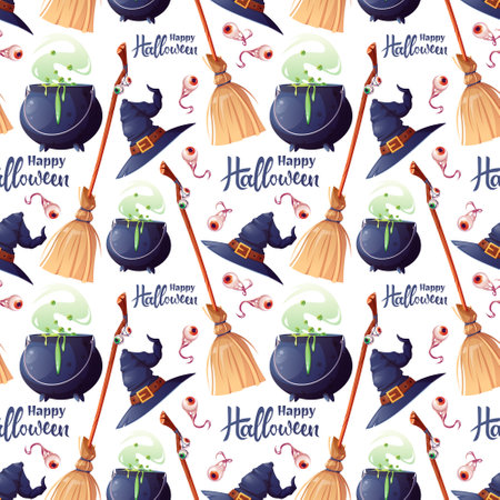 Vector Halloween Seamless pattern with hat, witches cauldron and broom with lettering. Magical background for wallpapers, paper, textiles, etc.のイラスト素材