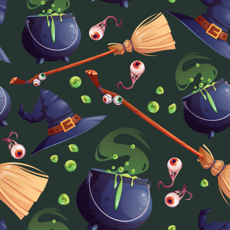 Vector Halloween Seamless pattern with hat, witches cauldron and broom on green background. Magical background for a terrible holidayのイラスト素材